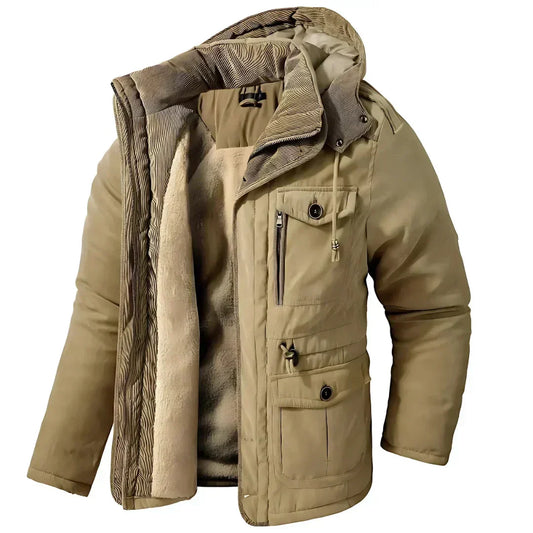 Winterjacke – Herren-Wintermantel mit Kapuze, Fleecefutter und Cargotaschen-Khaki-M-Chaps Herrenmode