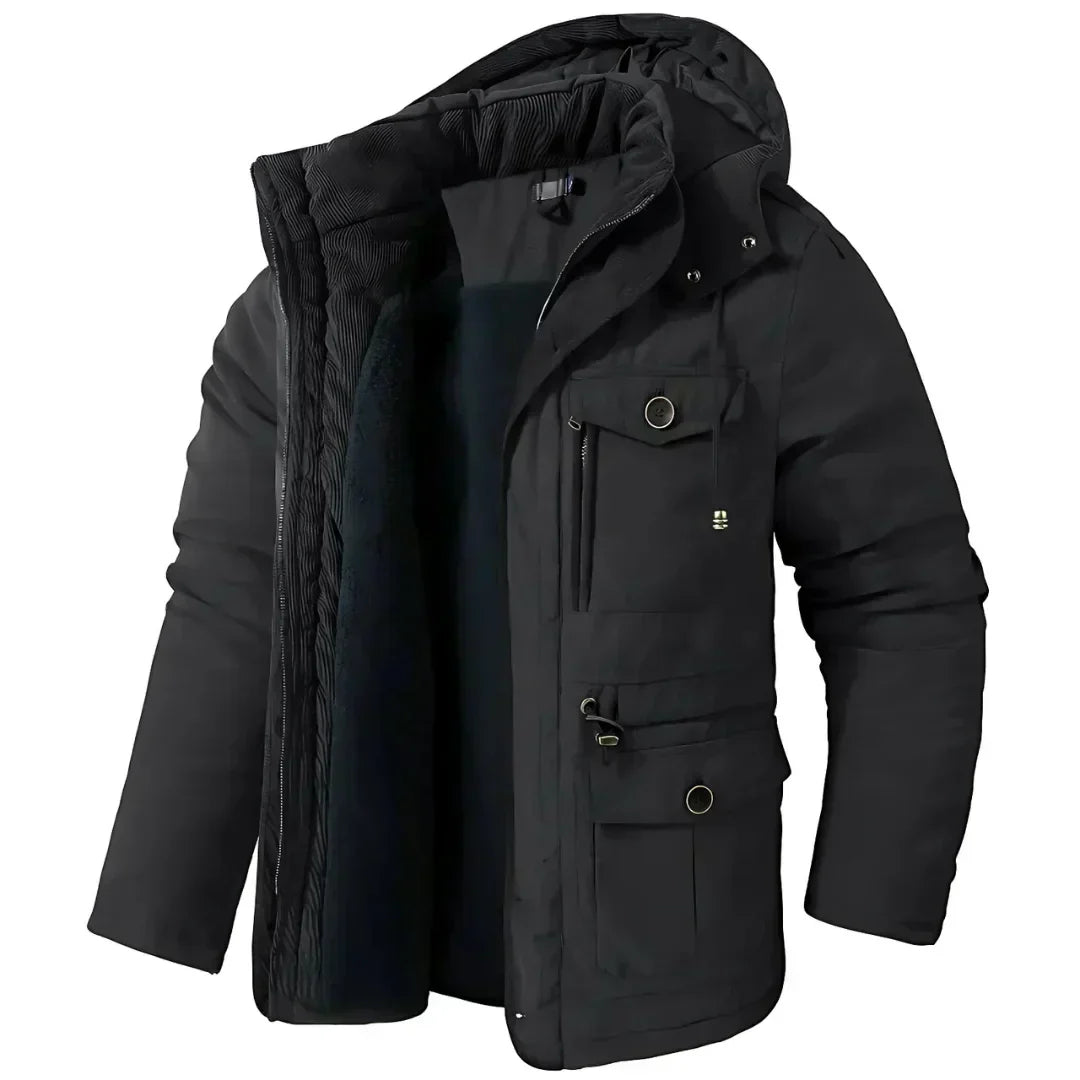 Winterjacke – Herren-Wintermantel mit Kapuze, Fleecefutter und Cargotaschen-Schwarz-M-Chaps Herrenmode