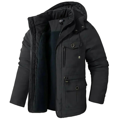 Winterjacke – Herren-Wintermantel mit Kapuze, Fleecefutter und Cargotaschen-Schwarz-M-Chaps Herrenmode
