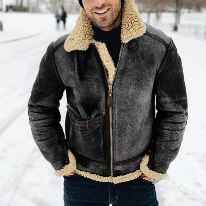 Winterjacke | Herren Zip-Up Fleece gefütterte Lederjacke-Dunkelgrau-M-Chaps Herrenmode