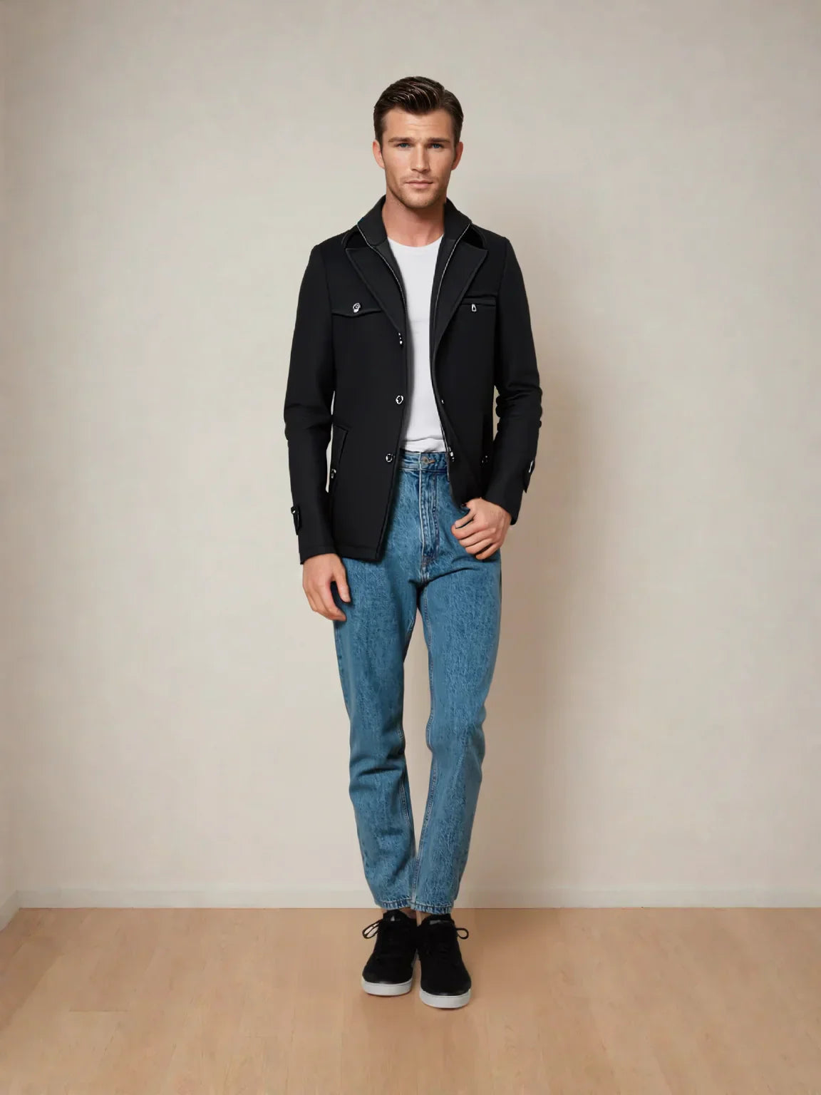 Winterjacke – Herrenjacke mit Reißverschluss und wattiertem Innenfutter-Schwarz-S-Chaps Herrenmode