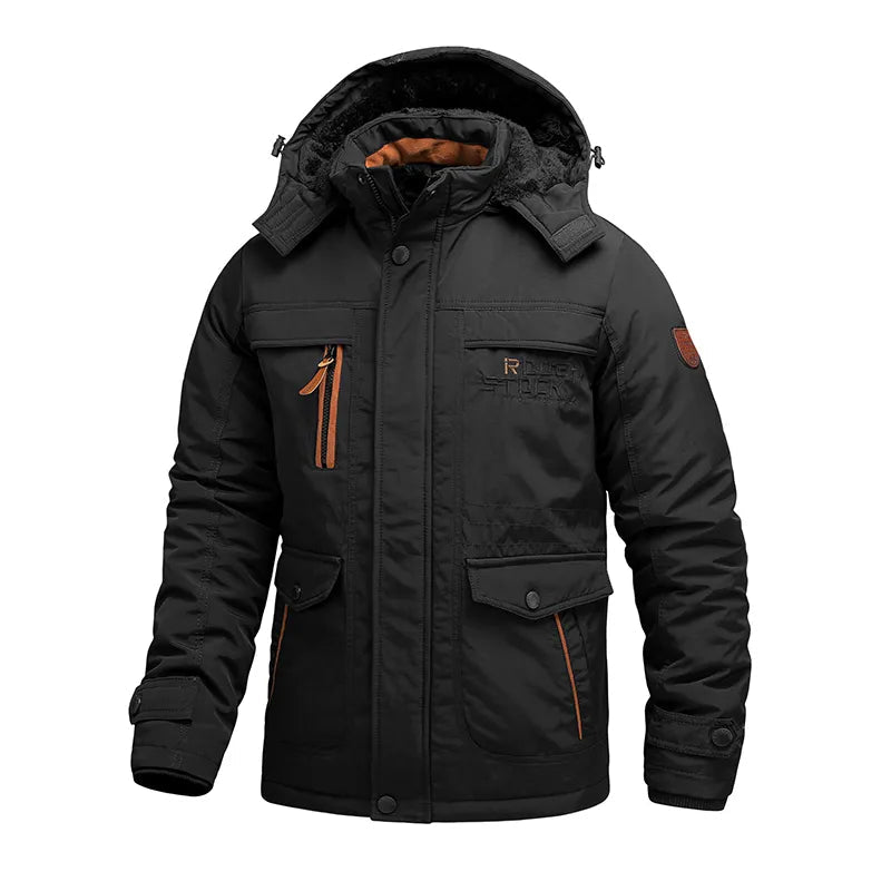 Winterjacke | Mit Fleece gefüttert | Mit Kapuze | Winterparka | Herrenmantel-Schwarz-S-Chaps Herrenmode