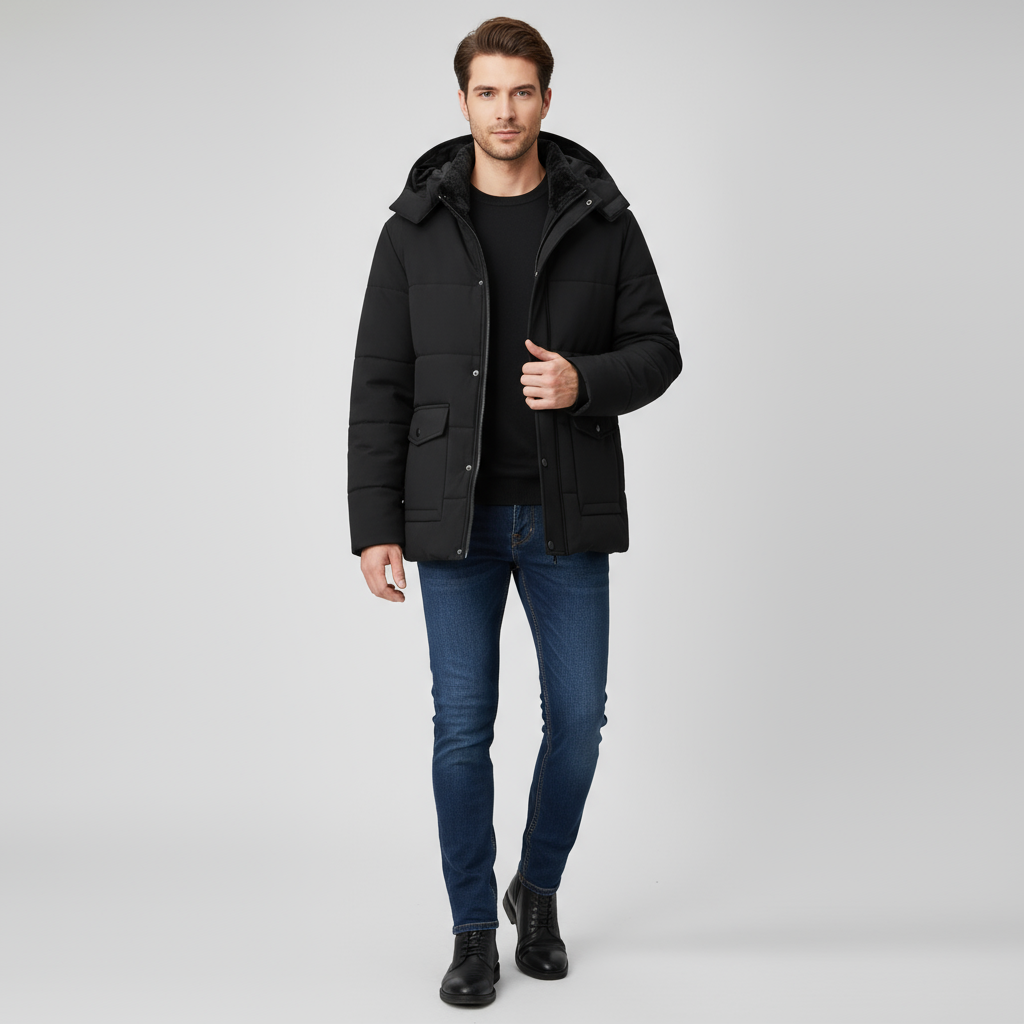 Winterjacke - Winterparka mit Kapuze und Steppfutter für Männer-Schwarz-M (45-50kg)-Chaps Herrenmode