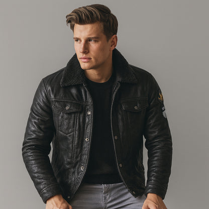 Winterlederjacke | Warm | Mit Fleece gefüttert | Fliegerjacke | Herren-Pilotenjacke-Chaps Herrenmode