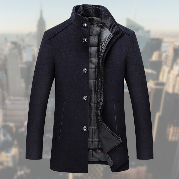 Wintermantel - Stehkragen - Zip-Up - Wollmantel - Herrenjacke-Blau-S-Chaps Herrenmode