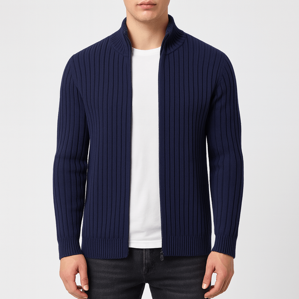 Zip-Up Cardigan – Gerippt – Durchgehender Reißverschluss – Gestrickte Strickjacke – Herren-Strickjacke-Blau-S-Chaps Herrenmode