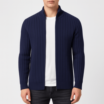 Zip-Up Cardigan – Gerippt – Durchgehender Reißverschluss – Gestrickte Strickjacke – Herren-Strickjacke-Blau-S-Chaps Herrenmode