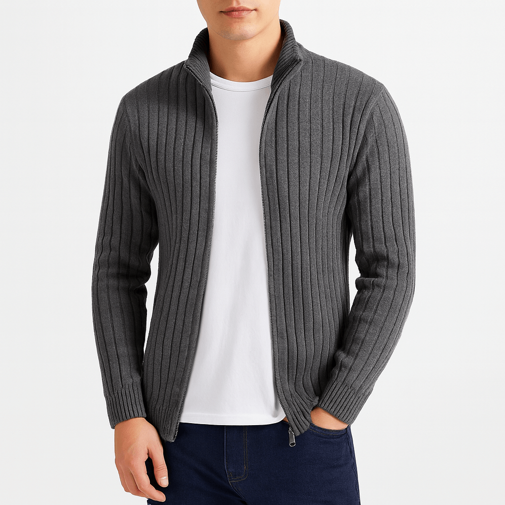 Zip-Up Cardigan – Gerippt – Durchgehender Reißverschluss – Gestrickte Strickjacke – Herren-Strickjacke-Dunkelgrau-S-Chaps Herrenmode