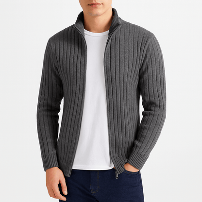 Zip-Up Cardigan – Gerippt – Durchgehender Reißverschluss – Gestrickte Strickjacke – Herren-Strickjacke-Dunkelgrau-S-Chaps Herrenmode