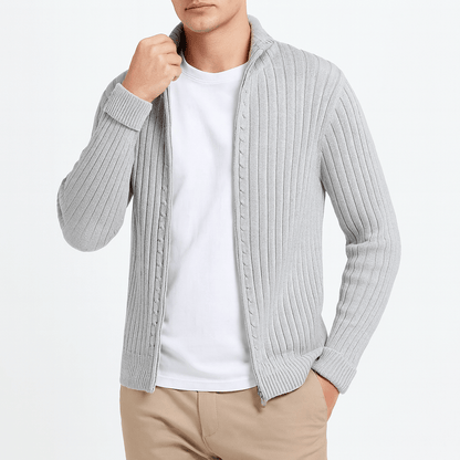 Zip-Up Cardigan – Gerippt – Durchgehender Reißverschluss – Gestrickte Strickjacke – Herren-Strickjacke-Grau-S-Chaps Herrenmode