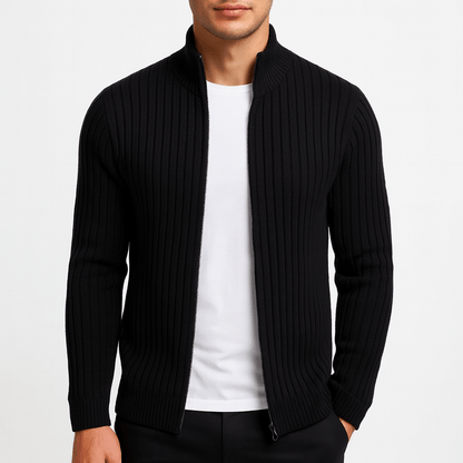 Zip-Up Cardigan – Gerippt – Durchgehender Reißverschluss – Gestrickte Strickjacke – Herren-Strickjacke-Schwarz-S-Chaps Herrenmode