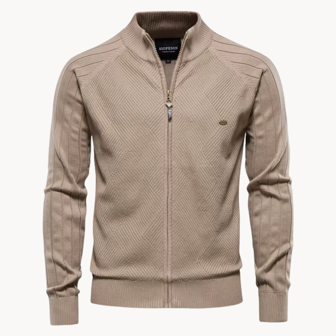 Zip-Up Cardigan – Herren-Strickjacke mit durchgehendem Reißverschluss und feiner Strickstruktur-Khaki-M-Chaps Herrenmode