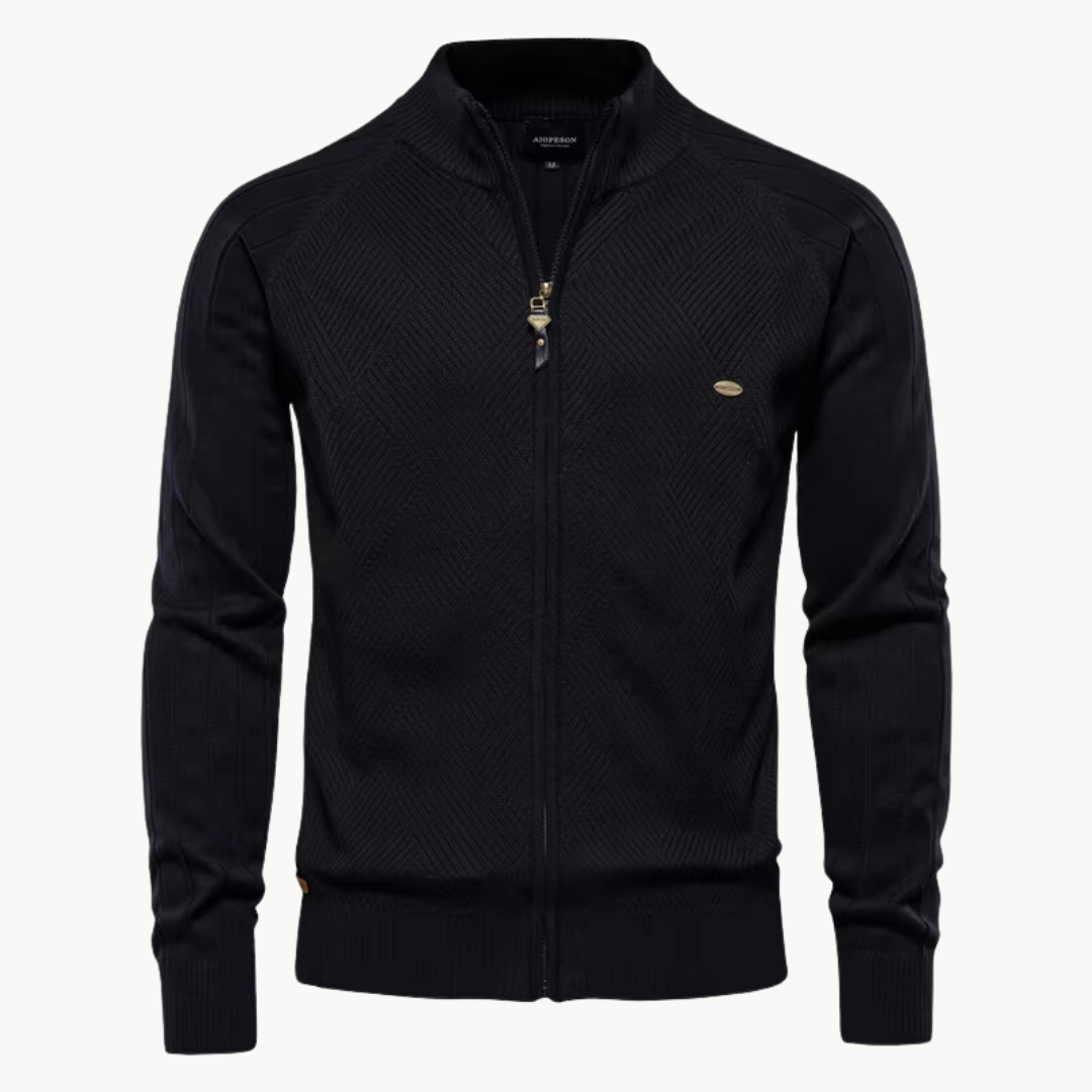 Zip-Up Cardigan – Herren-Strickjacke mit durchgehendem Reißverschluss und feiner Strickstruktur-Schwarz-M-Chaps Herrenmode
