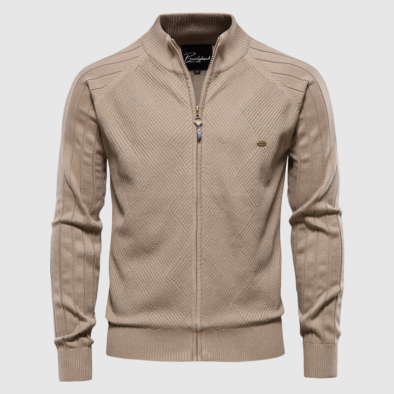 Zip-Up Cardigan – Strickjacke mit durchgehendem Reißverschluss für Männer-Beige-M-Chaps Herrenmode