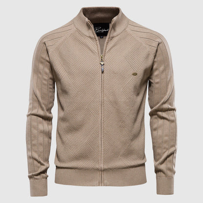 Zip-Up Cardigan – Strickjacke mit durchgehendem Reißverschluss für Männer-Beige-M-Chaps Herrenmode