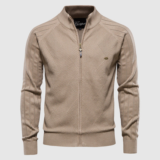 Zip-Up Cardigan – Strickjacke mit durchgehendem Reißverschluss für Männer-Beige-M-Chaps Herrenmode