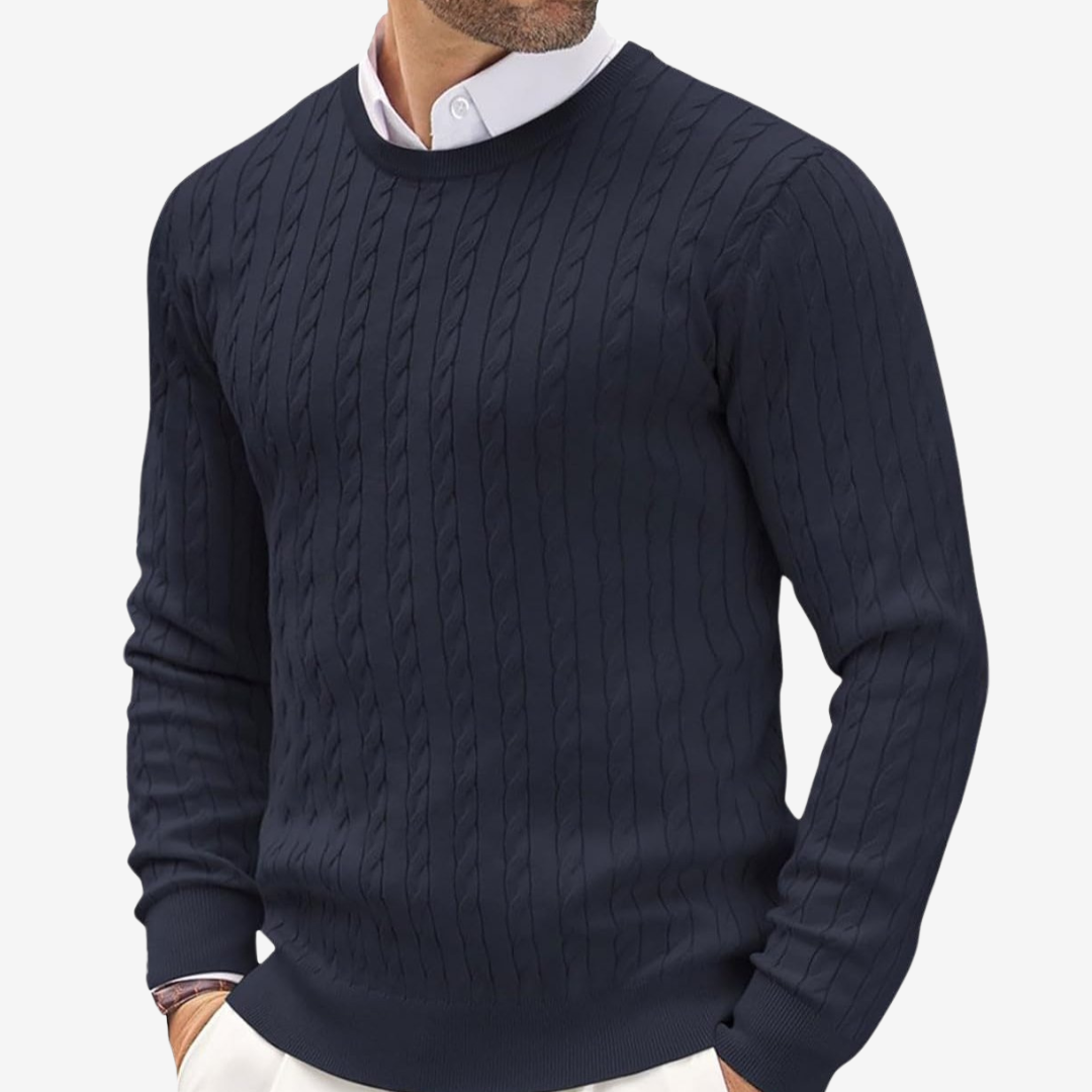 Zopfmusterpullover – Feinstrickpullover mit Rundhalsausschnitt für Männer-Marineblau-S-Chaps Herrenmode
