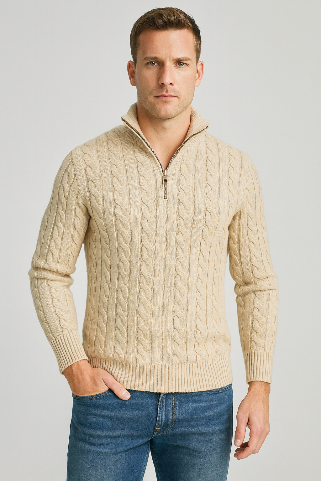 Zopfmusterpullover – Halb-Reißverschluss – Pullover – Viertel-Reißverschluss-Pullover – Herrenpullover-Chaps Herrenmode