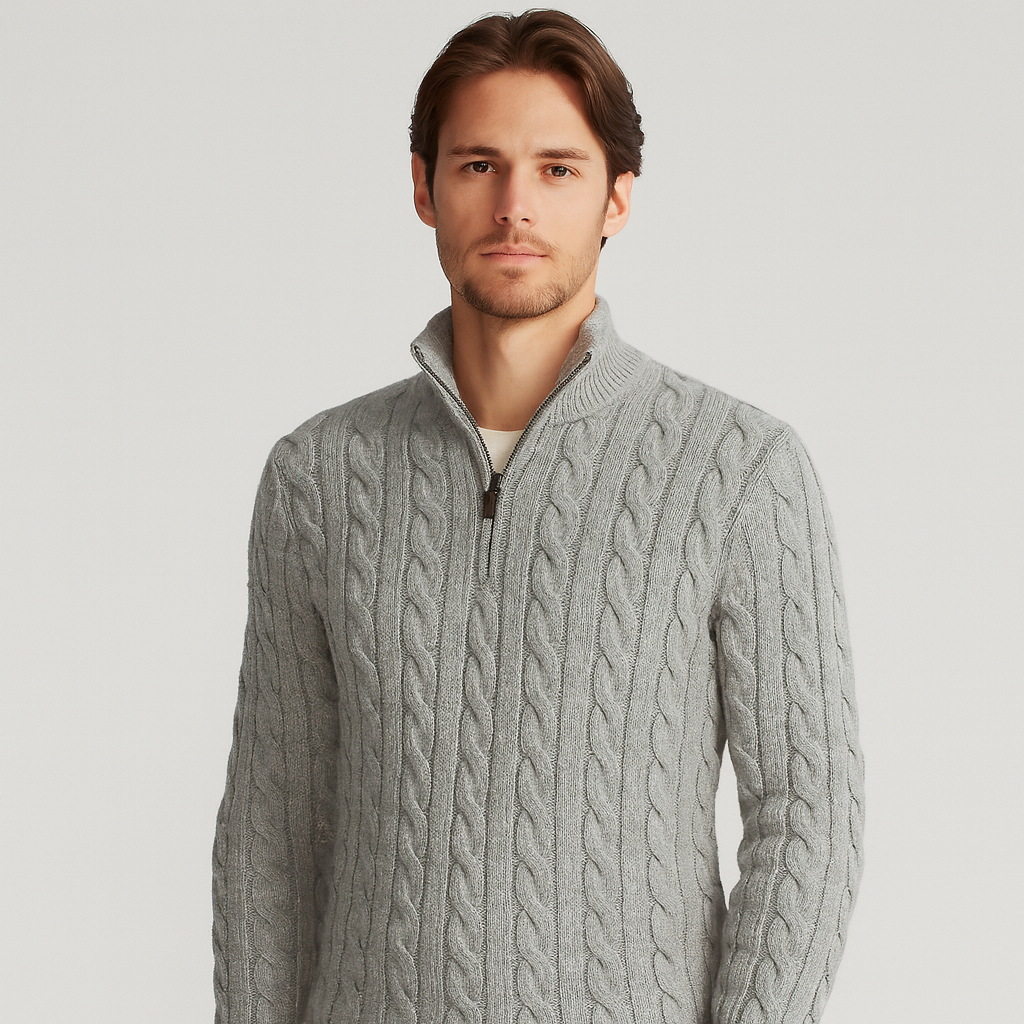 Zopfmusterpullover – Halb-Reißverschluss – Pullover – Viertel-Reißverschluss-Pullover – Herrenpullover-Grau-M-Chaps Herrenmode