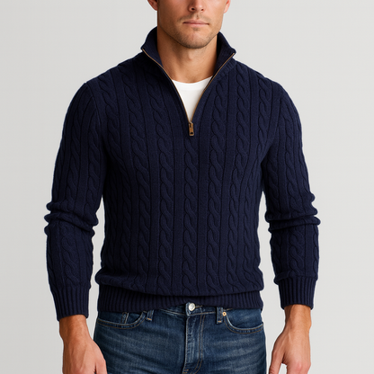 Zopfmusterpullover – Halb-Reißverschluss – Pullover – Viertel-Reißverschluss-Pullover – Herrenpullover-Marineblau-M-Chaps Herrenmode