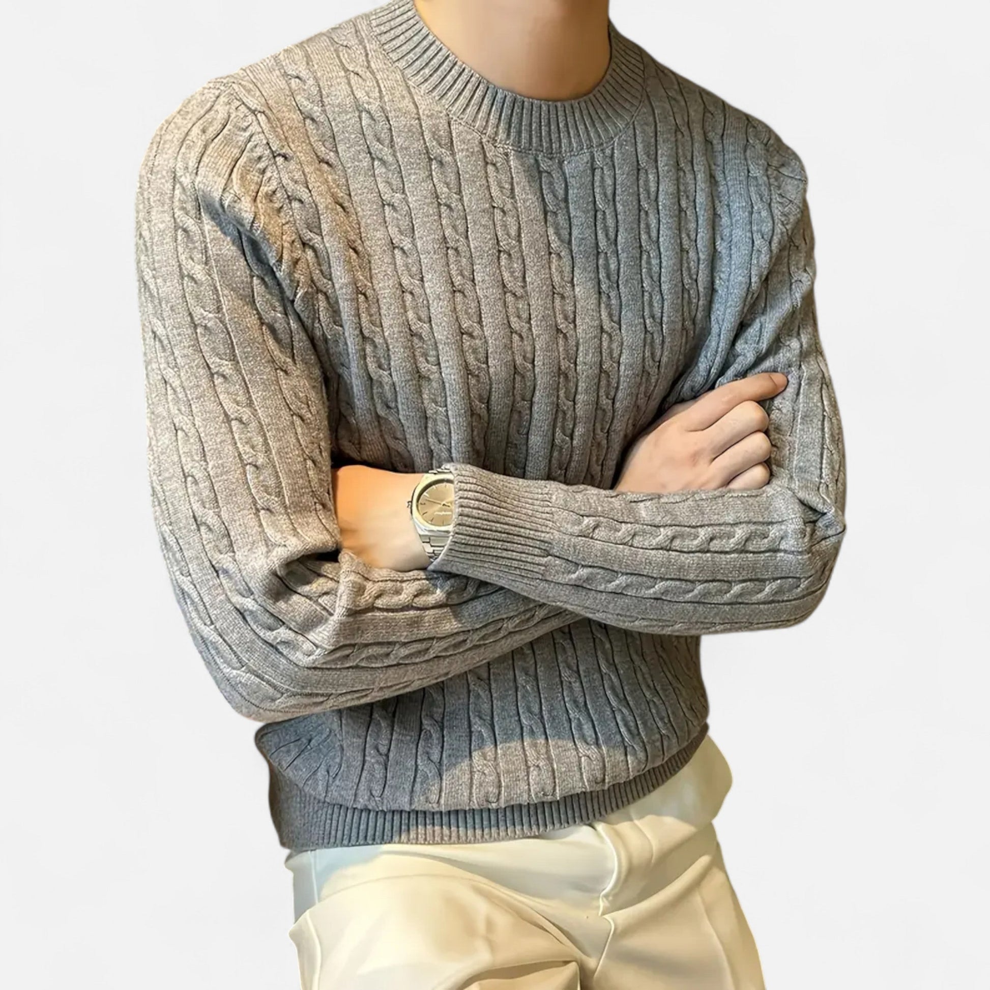 Zopfmusterpullover – Klassisch – Langarm – Strickpullover – Herrenpullover-Grau-S-Chaps Herrenmode