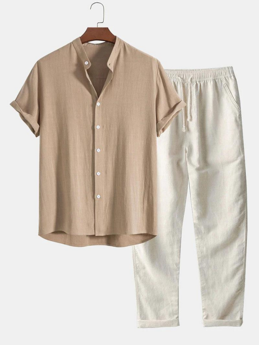 Zweiteiler | Kurzarm | Knopfleiste | Leinenkleidung | Leinenhose für Herren-Beige-S-Chaps Herrenmode