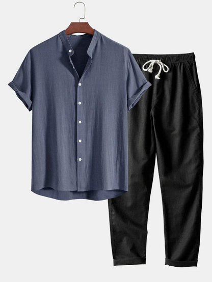 Zweiteiler | Kurzarm | Knopfleiste | Leinenkleidung | Leinenhose für Herren-Grau-S-Chaps Herrenmode