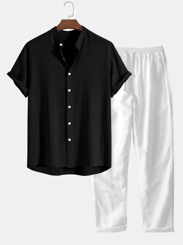 Zweiteiler | Kurzarm | Knopfleiste | Leinenkleidung | Leinenhose für Herren-Schwarz-S-Chaps Herrenmode