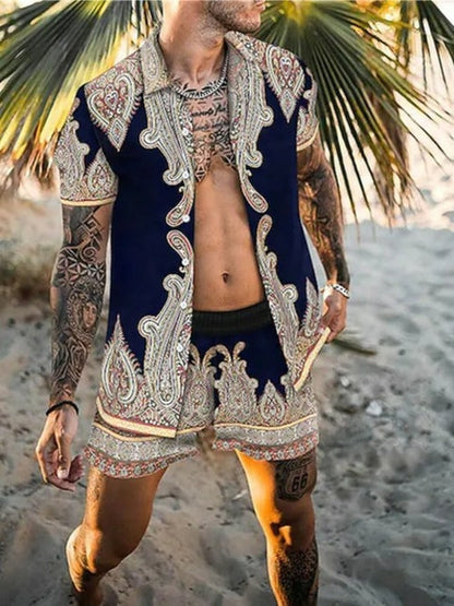 Zweiteiler – mit Knöpfen – Kurzarm – Hemd und Shorts – Sommerkleidung für Herren-Beige-M-Chaps Herrenmode