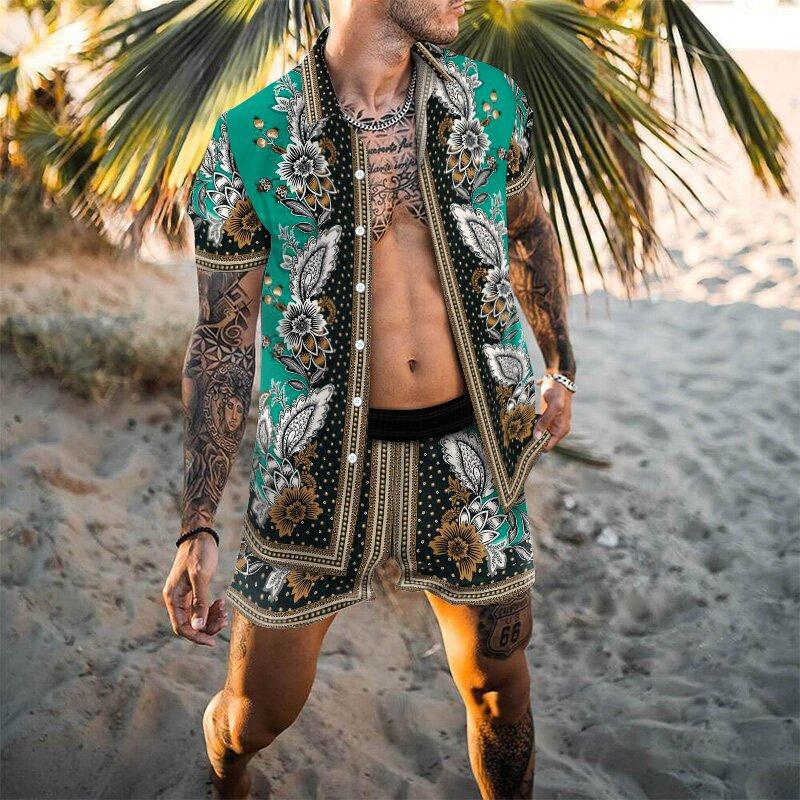 Zweiteiler – mit Knöpfen – Kurzarm – Hemd und Shorts – Sommerkleidung für Herren-Grün-S-Chaps Herrenmode