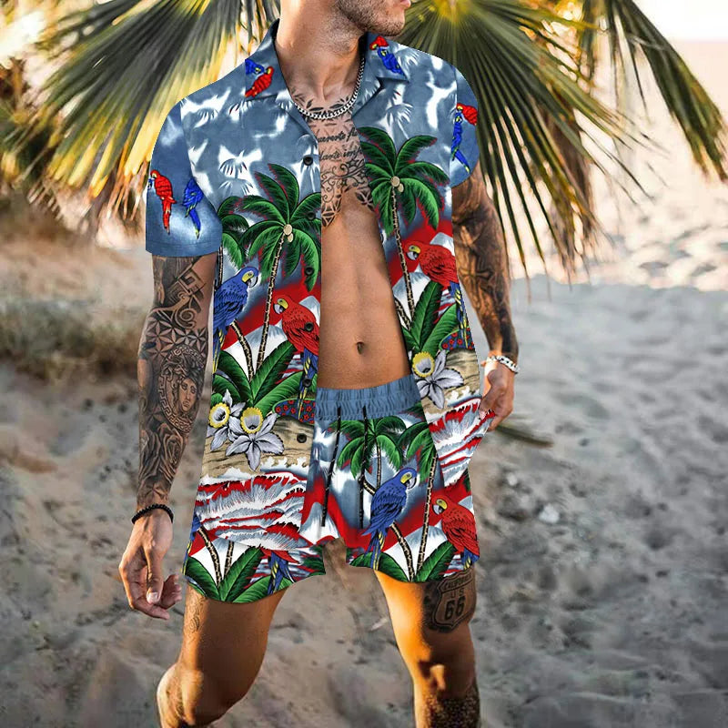 Zweiteiliges Set - Herren Kurzarm-Hawaiihemd Sommer Shorts Set-Blau-S-Chaps Herrenmode