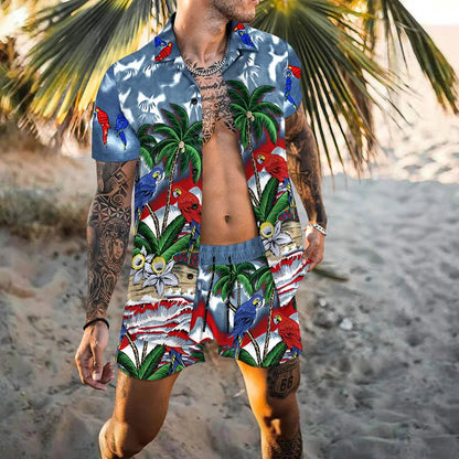 Zweiteiliges Set - Herren Kurzarm-Hawaiihemd Sommer Shorts Set-Blau-S-Chaps Herrenmode