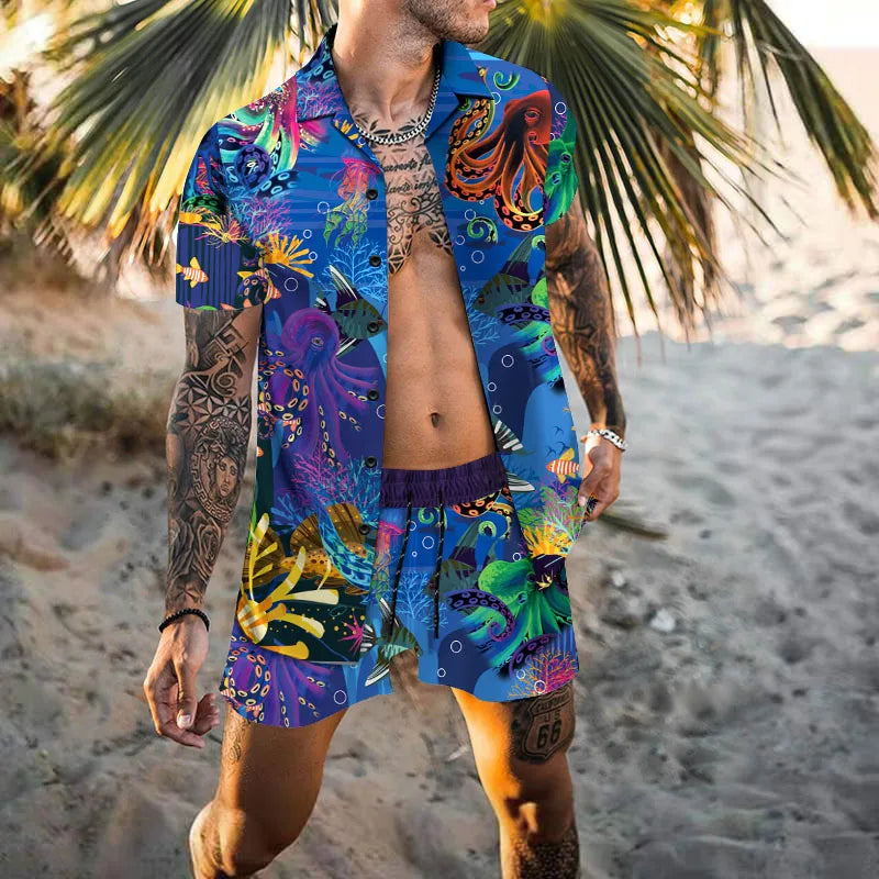 Zweiteiliges Set - Herren Kurzarm-Hawaiihemd Sommer Shorts Set-Königsblau-S-Chaps Herrenmode