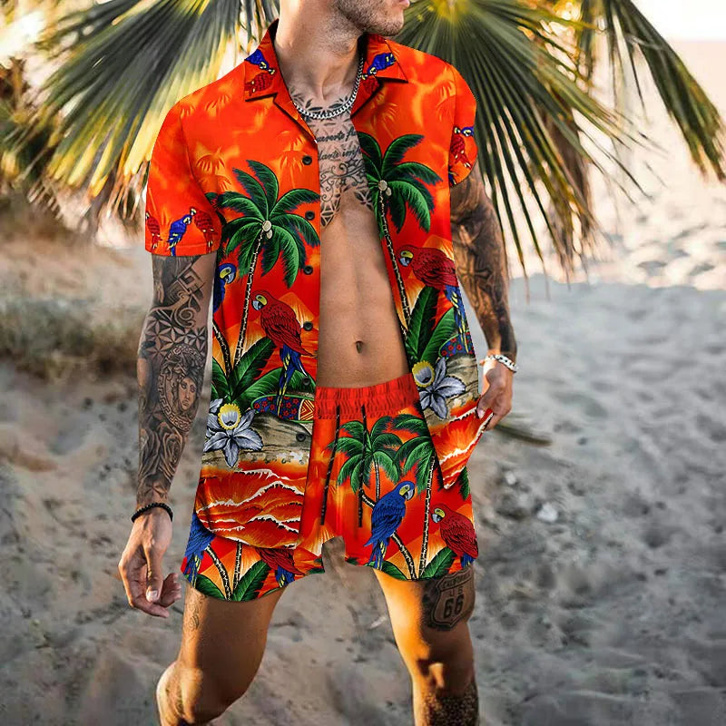 Zweiteiliges Set - Herren Kurzarm-Hawaiihemd Sommer Shorts Set-Orange-S-Chaps Herrenmode
