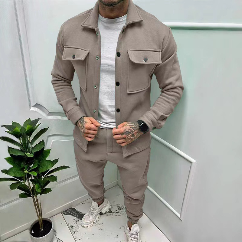 Zweiteiliges Set - Herren Überhemd und Slim Fit Jogger Set-Beige-S-Chaps Herrenmode