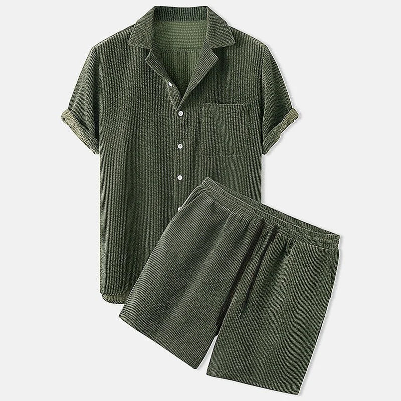 Zweiteiliges Set | Kurzarm | Cord | Set aus Shorts und Hemd | Herren-Kombi-Set-Grün-S-Chaps Herrenmode