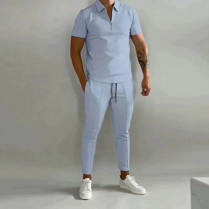 Zweiteiliges Set - Kurzarm - Poloshirt - Co-Ord Set - Herrenbekleidung-Blau-S-Chaps Herrenmode