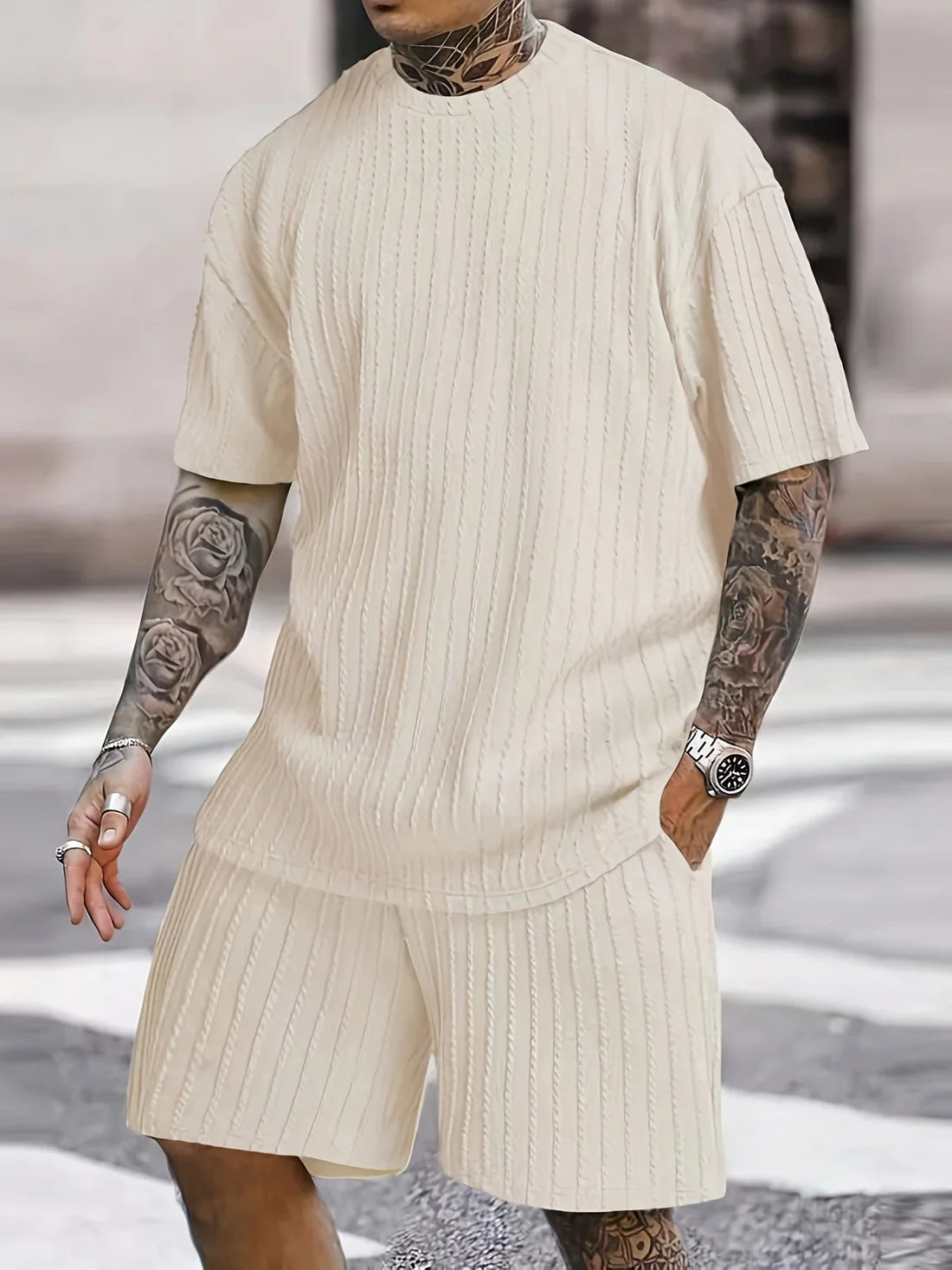 Zweiteiliges Set - Kurzärmeliges T-Shirt und Shorts für Männer im Sommer-Set-Beige-S-Chaps Herrenmode