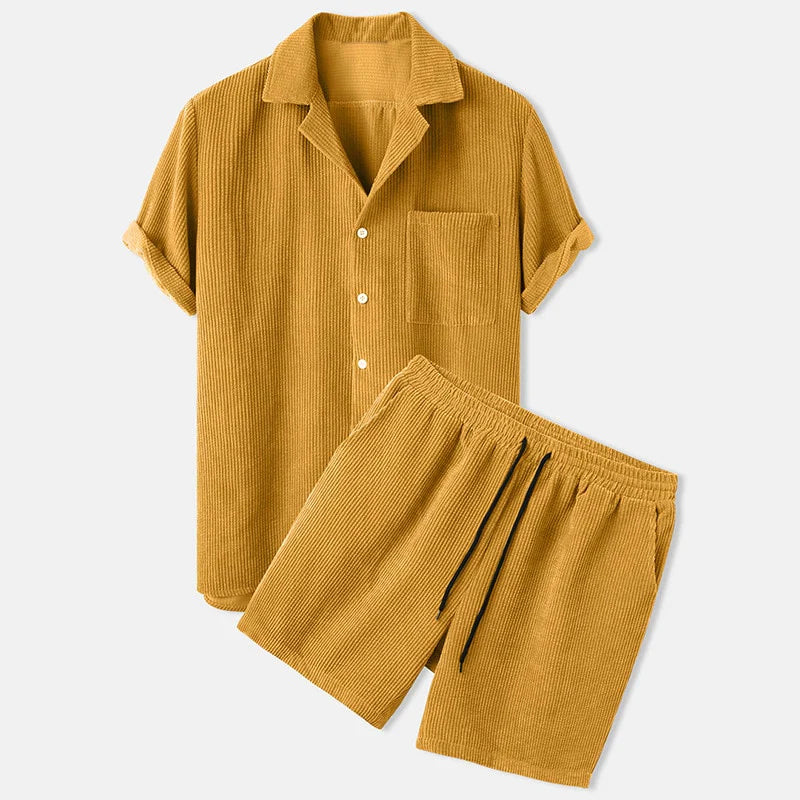Zweiteiliges Set | Kurze Ärmel | Cord | Sommerkleidung | Herrenbekleidung-Gelb-XS-Chaps Herrenmode