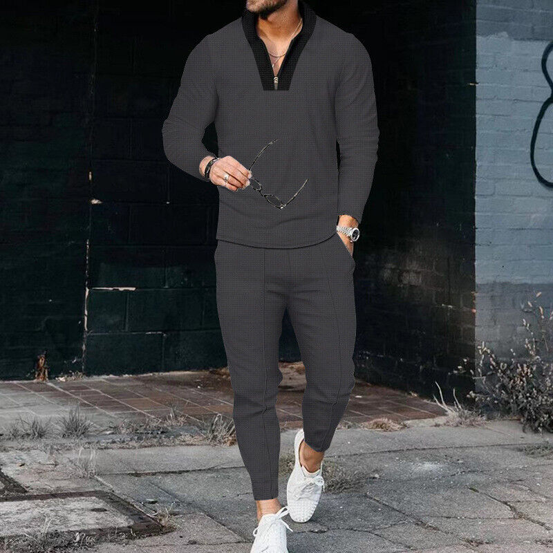 Zweiteiliges Set – Lässiges Langarmhemd und Hose für Herren-Dunkelgrau-S-Chaps Herrenmode
