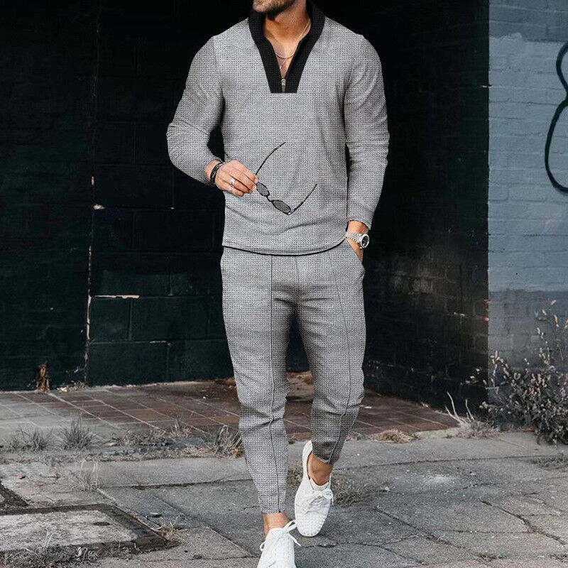 Zweiteiliges Set – Lässiges Langarmhemd und Hose für Herren-Grau-S-Chaps Herrenmode
