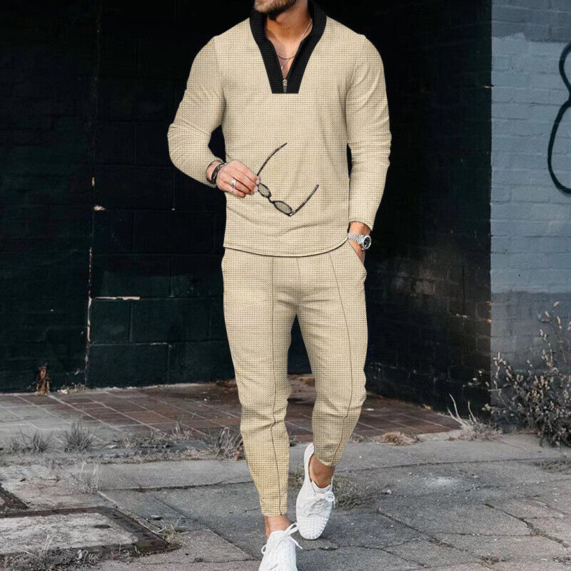 Zweiteiliges Set – Lässiges Langarmhemd und Hose für Herren-Khaki-S-Chaps Herrenmode