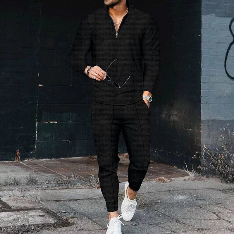 Zweiteiliges Set – Lässiges Langarmhemd und Hose für Herren-Schwarz-S-Chaps Herrenmode