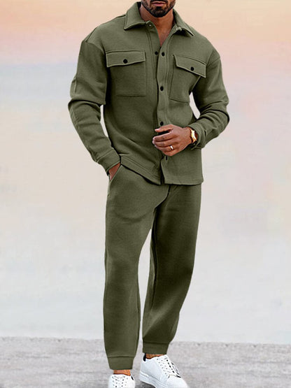 Zweiteiliges Set – Lässiges Overshirt mit langen Ärmeln und Hose für Männer-Armeegrün-S-Chaps Herrenmode