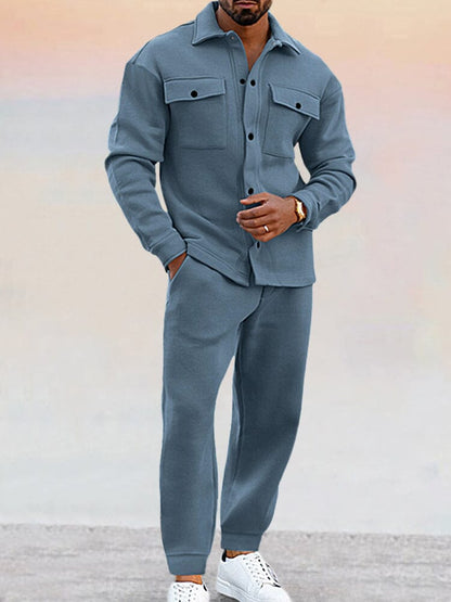 Zweiteiliges Set – Lässiges Overshirt mit langen Ärmeln und Hose für Männer-Blau-S-Chaps Herrenmode