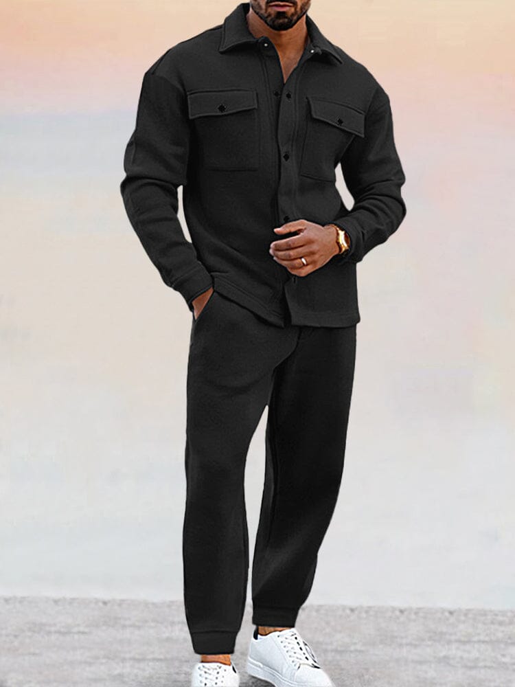 Zweiteiliges Set – Lässiges Overshirt mit langen Ärmeln und Hose für Männer-Schwarz-S-Chaps Herrenmode