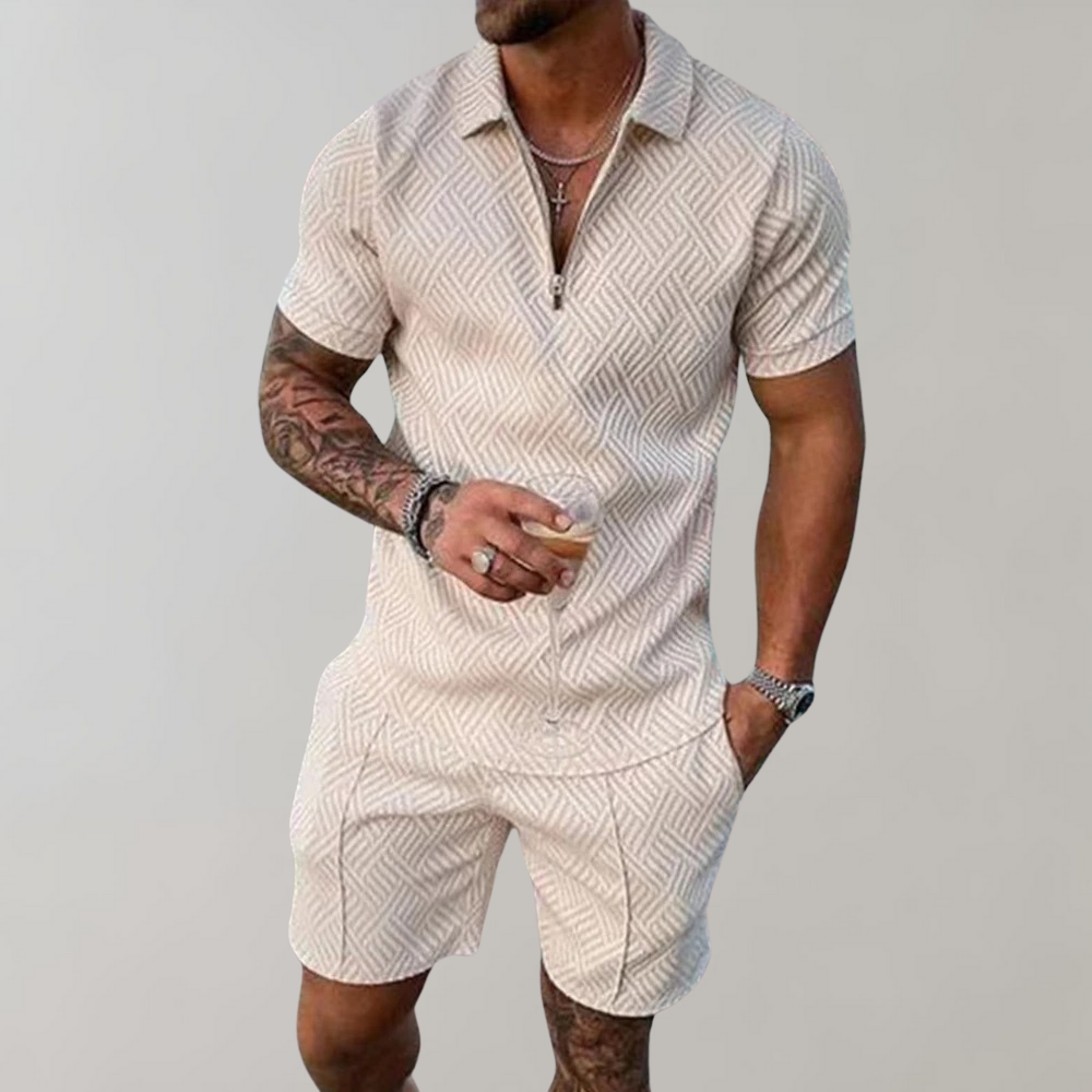 Zweiteiliges Set - Quarter Zip - Polo T-Shirt -Shorts und Shirt Set - Sommerkleidung für Männer-Beige-S-Chaps Herrenmode