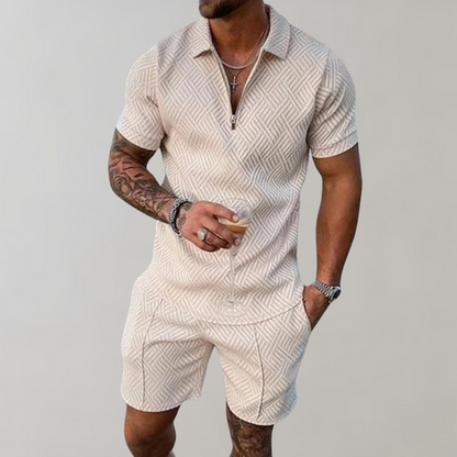 Zweiteiliges Set - Quarter Zip - Polo T-Shirt -Shorts und Shirt Set - Sommerkleidung für Männer-Beige-S-Chaps Herrenmode