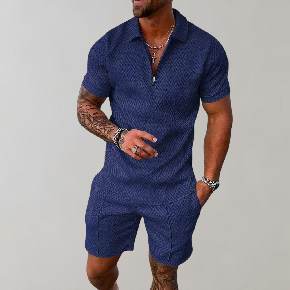 Zweiteiliges Set - Quarter Zip - Polo T-Shirt -Shorts und Shirt Set - Sommerkleidung für Männer-Marineblau-S-Chaps Herrenmode