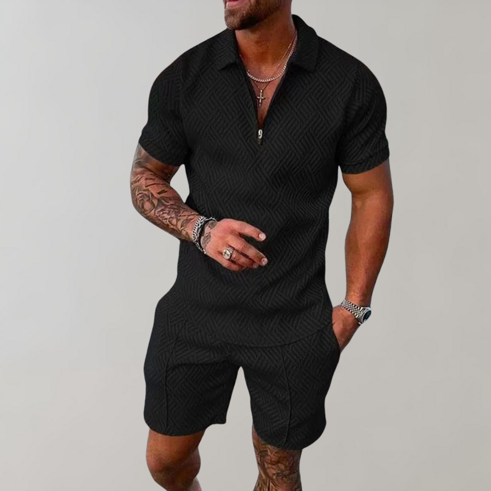 Zweiteiliges Set - Quarter Zip - Polo T-Shirt -Shorts und Shirt Set - Sommerkleidung für Männer-Schwarz-S-Chaps Herrenmode